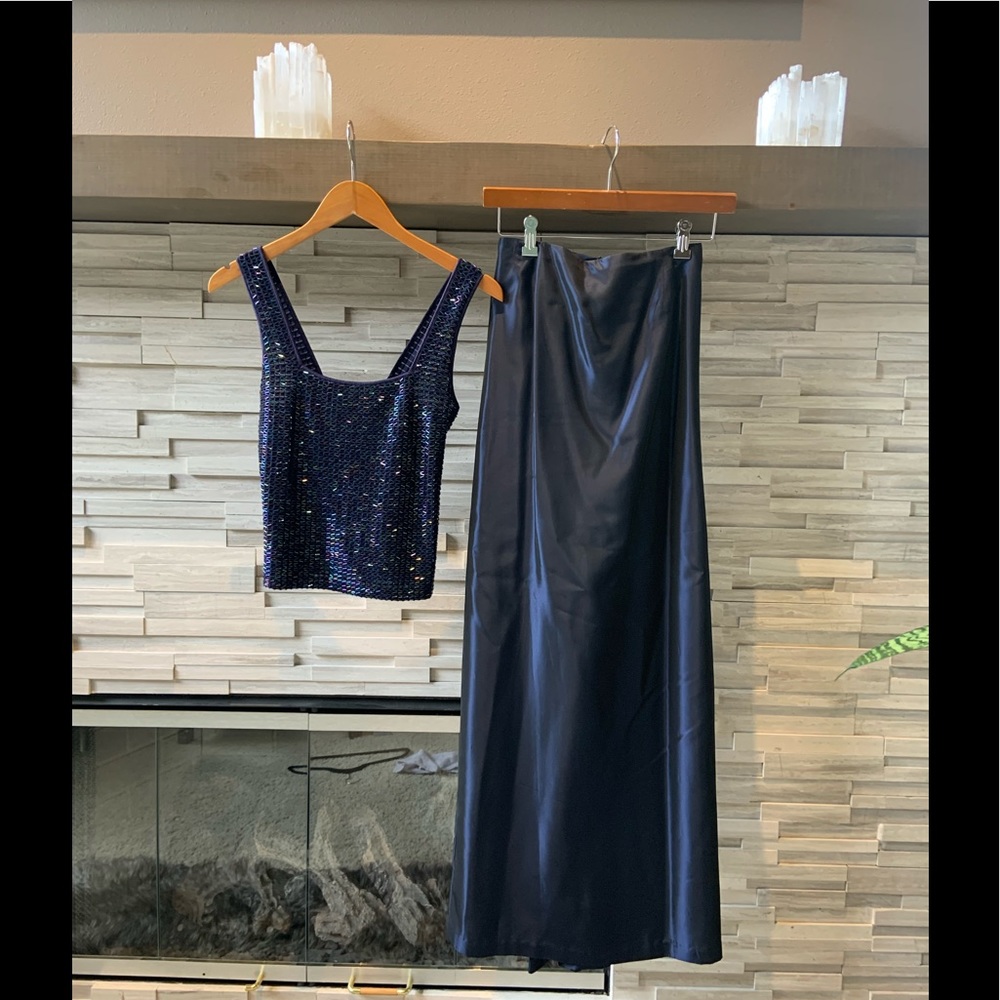 Laundry midnight blue sequin top and taffeta skirt